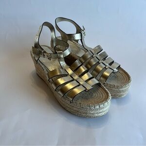 TORY BURCH Women's 10 Gold Fisherman Espadrille Wedge Platform Sandals Round Toe